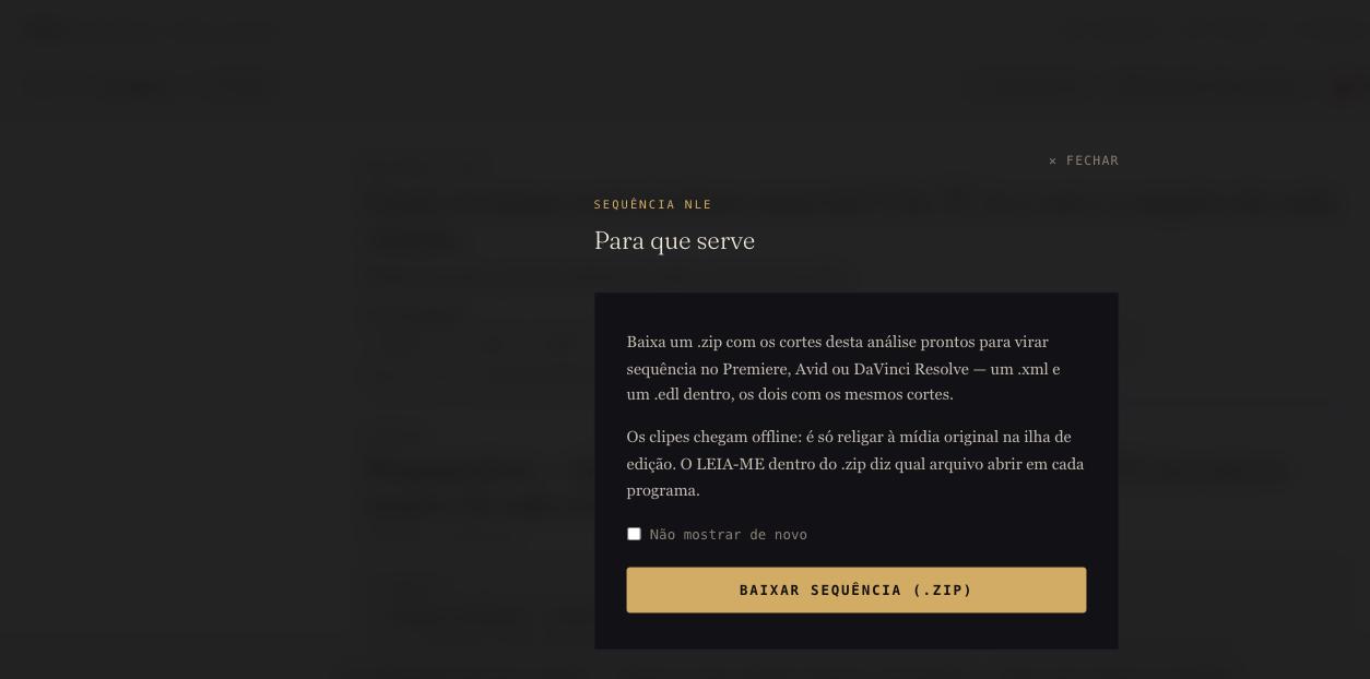 botão de exportar sequência e a pasta do .zip aberta com os 3 arquivos